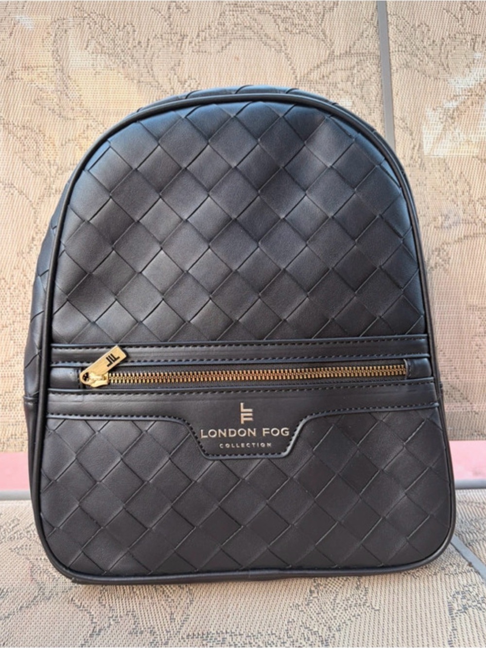 London Fog Black Quilted Backpack with Gold Hardware